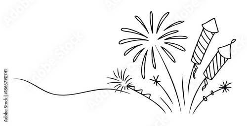 Dynamic black line drawing of various fireworks and firecrackers exploding in a festive display perfect for celebrating special occasions like New Year or events