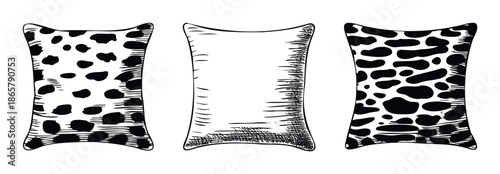 Monochrome hand drawn graphic objects resembling soft pillows or small sacks, some with a spotted animal print and one plain, excellent for cheerful apparel or playful home decor visuals.
