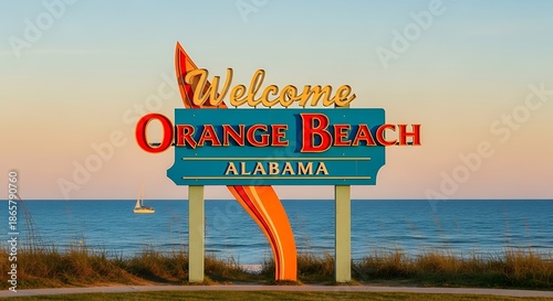 Welcome to Orange Beach Alabama sign with ocean in background.