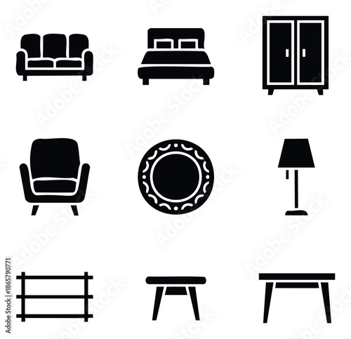 Collection of essential furniture icons for modern interior design applications, home furnishing catalogs, and room layout planning graphics