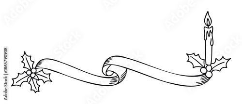 Classic festive holiday ribbon scroll frame adorned with burning candle and elegant holly branches perfect for seasonal greeting cards, invitations, and winter promotions.