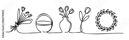 Continuous single line drawing featuring a fresh tulip bouquet, elegant basket, flower vase, and delicate leaf wreath, ideal for modern spring holiday decor and seasonal celebration