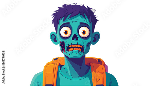 Cartoon Zombie Character with Wide Eyes and Orange Vest.