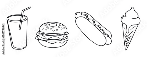 A simple line drawing collection of popular fast food and drink items including soda, hamburger, hot dog, and ice cream, suitable for menus or advertising use.