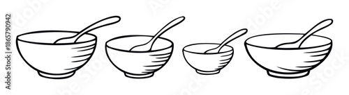 A collection of various sized kitchen bowls with spoons, perfect for culinary projects, cooking blogs, recipe books, and restaurant menu items