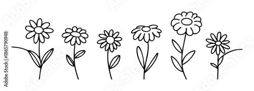 Simple hand drawn daisy flower doodles offer a charming outline graphic resource for various creative projects including prints, textiles, greeting cards, and educational materials.