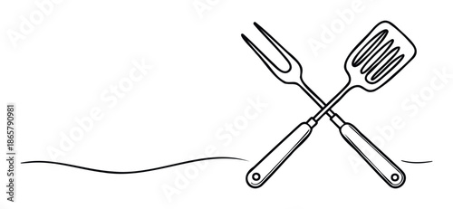Crossed barbecue grilling tools like a spatula and meat fork rendered in a continuous line drawing perfect for restaurant branding, food blogs, or cooking school marketing materials