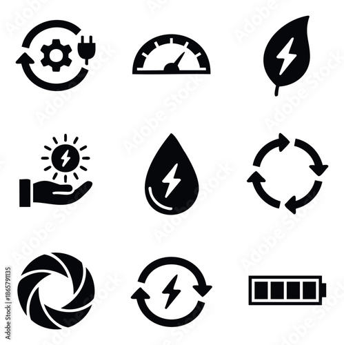 Comprehensive set of energyrelated glyph icons covering renewable power sources, efficiency meters, battery status, and sustainable technology for diverse digital applications.