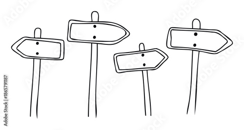 A collection of hand drawn doodle style arrow pointer signs on poles providing direction and guidance perfect for navigation, informational graphics, or illustrative purposes