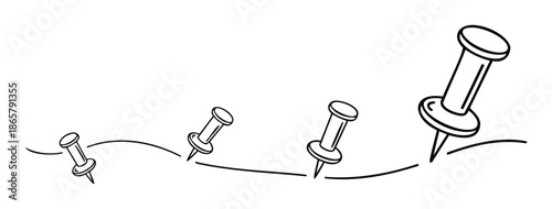 Gradual progression of pushpins representing growth, increasing scale, or a sequential journey, ideal for business concepts, educational timelines, or project development tracking