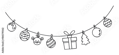 Hand drawn black outline Christmas garland featuring various festive holiday ornaments including decorative balls, a charming gift box, and a cute teddy bear, perfect for winter season