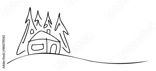 A simple hand drawn sketch of a cozy little house nestled among evergreen trees on a snowy hill, ideal for childrens books, holiday greetings, or winter theme projects.