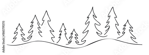 Elegant continuous line drawing showcasing a serene forest of stylized fir trees atop subtle rolling hills, ideal for holiday designs, educational materials, or tranquil nature graphics.