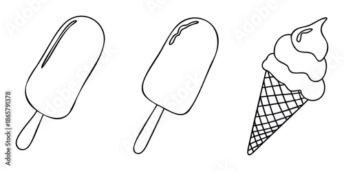 Simple line drawings of various frozen dessert treats including a classic ice cream cone and two popsicles perfect for summer themed food graphics or coloring pages
