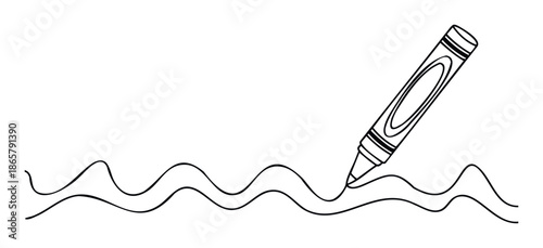 Outline drawing of a crayon creating dynamic wavy lines, ideal for elementary school worksheets, kids activity books, or playful visual components.