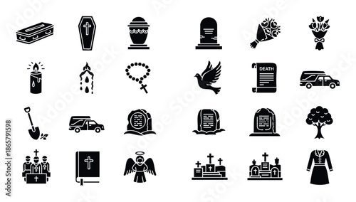 A comprehensive collection of death and funeral related glyph icons representing memorial services, burial ceremonies, and mourning rituals, ideal for religious and remembrance graphic
