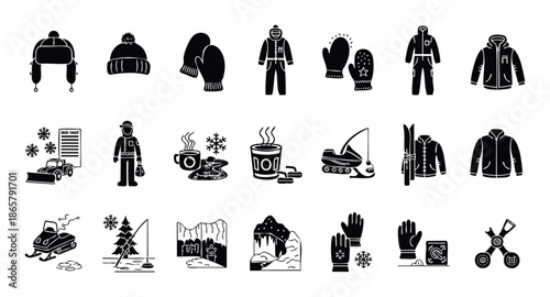 Collection of winter sports and cold weather clothing icons perfect for seasonal graphics, activity illustrations, and outdoor adventure themes.