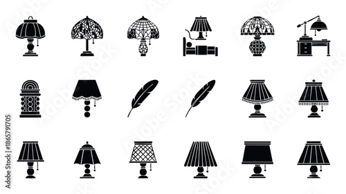 A comprehensive collection of classic lighting fixtures and writing instruments depicted as silhouettes, ideal for interior design projects, historical studies, or decorative elements in