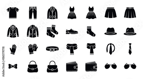 Versatile collection of minimalist solid black glyph icons representing diverse apparel items and personal accessories useful for ecommerce platforms digital catalogs and graphic projects