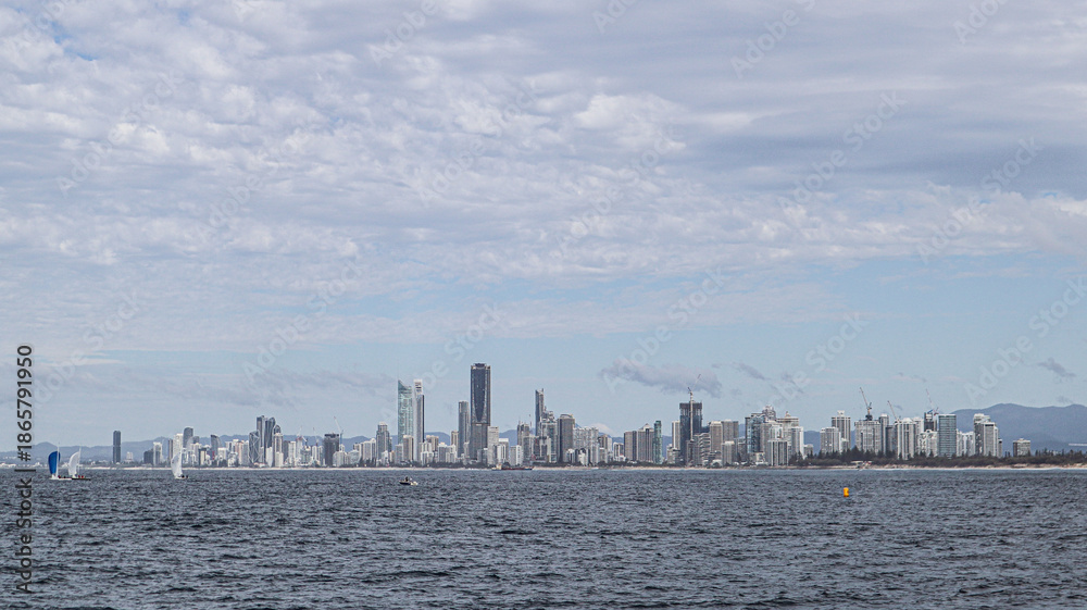 Fototapeta premium Panoramic view of Gold Coast seen from the middle of the sea