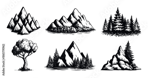 Black and white hand drawn nature landscapes featuring various mountain ranges, a dense forest, and a standalone tree, ideal for outdoor adventure branding, wilderness graphics, or travel