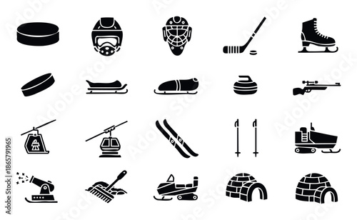 Collection of winter sport equipment and activities icons perfect for app interfaces websites or instructional materials highlighting cold weather recreation
