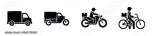 Modern logistics icons featuring diverse delivery vehicles such as a freight truck, a threewheeled cargo van, a motorcycle courier, and a bicycle messenger, ideal for illustrating shipping