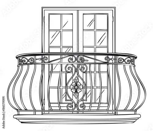 Classic architectural balcony with ornate wrought iron railing and double window for home exterior planning or detailed building design projects