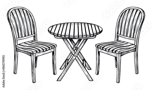 Elegant outdoor furniture set featuring two classic slatted chairs and a round folding table, ideal for illustrating cafe environments, garden scenes, or domestic patio life compositions.