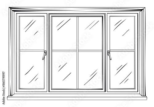 Architectural outline drawing of a multipane window featuring a durable frame and shiny glass, suitable for construction blueprints, house remodeling projects, or property development