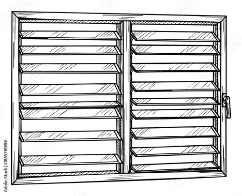 A traditional jalousie window featuring adjustable horizontal slats for ventilation and light control, ideal for architectural diagrams, construction projects, or tropical house designs.