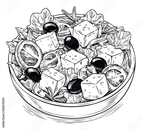 Hand drawn healthy salad bowl with fresh lettuce, tomatoes, feta cheese cubes, and olives, ideal for restaurant menus, dietary guides, or cooking related projects.