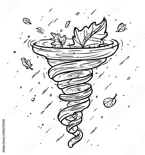Dynamic black and white line drawing of a powerful swirling whirlwind picking up autumn leaves, perfect for weatherrelated designs, seasonal projects, or environmental themes.