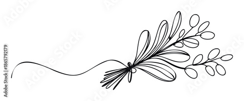 Elegant hand drawn botanical sprig featuring minimalist leaves and berries tied with a flowing ribbon, ideal for wedding invitations, greeting cards, and nature inspired branding.