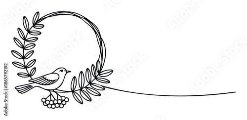Delicate line drawing of a small bird on a berry branch within a graceful botanical wreath with an elegant flowing line, perfect for invitations, decorative borders, and stationery designs.