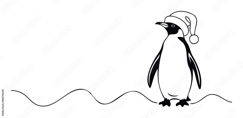 Fototapeta premium Simple black outline drawing of a happy penguin wearing a festive Santa hat, standing on a wavy line, perfect for holiday greetings, winter events, or seasonal marketing materials.