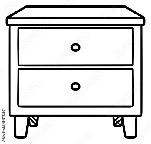Hand drawn line art illustration of a nightstand depicting a furniture item with drawers for home interior design