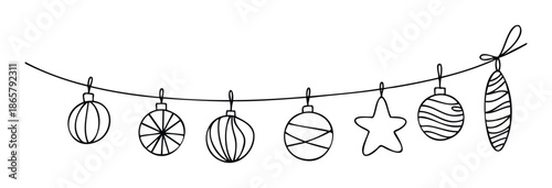 Festive string of decorative holiday ornaments featuring various geometric shapes and a star, perfect for seasonal greetings, winter celebrations, and cheerful event decorations