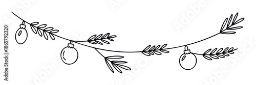 Hand drawn Christmas garland featuring festive ornaments and simple branches creating a charming seasonal accent for holiday greetings and celebration decorations.