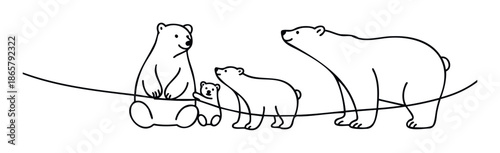 Cute polar bear family with a cub walks happily along a simple black line, perfect for childrens books, educational materials, or environmental awareness campaigns