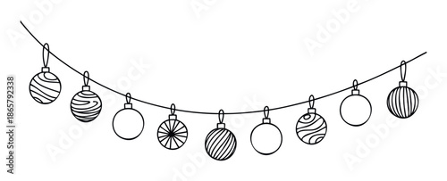 Black outline illustration of hanging Christmas ornaments with various simple patterns perfect for holiday greetings and festive seasonal decorations.