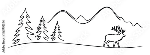 Minimalist black outline drawing of a majestic deer with large antlers standing in a serene mountain and forest landscape, perfect for naturethemed logos, print materials, or outdoor brand