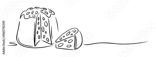 Black outline drawing of a delicious panettone cake with a cut slice showing its texture alongside a wedge of cheese, perfect for foodrelated promotional materials and culinary blogs