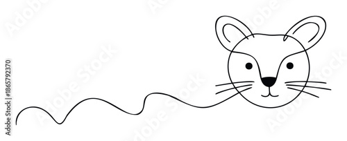 Simple minimal black line drawing of an abstract domestic cat face with long whiskers and a playful wavy tail suitable for childrens books, nursery decor, or petrelated branding