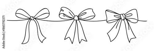 Three handdrawn outline bows on a string for festive holiday decorations, gift wrapping embellishments, or party invitation accents