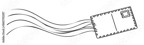 Flying postcard with a postage stamp and wavy motion lines representing fast delivery or communication for various postal service advertising materials