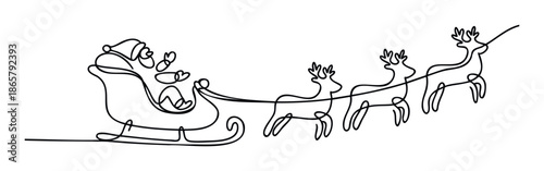 Continuous line drawing of Santa Claus in a sleigh pulled by four reindeer, perfect for holiday greetings, festive decorations, and Christmas season marketing materials.