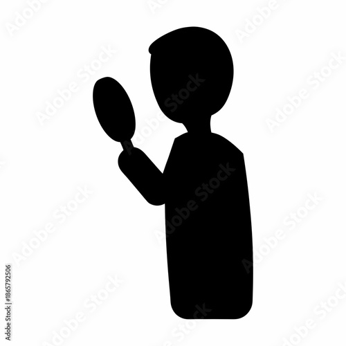 A person's silhouette looking into a hand mirror, representing self-reflection or inspection Vector, illustration