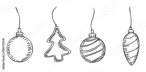 Set of hand drawn Christmas tree ornaments featuring classic baubles and festive shapes, perfect for enhancing seasonal greeting cards, creating festive holiday decorations, and enriching