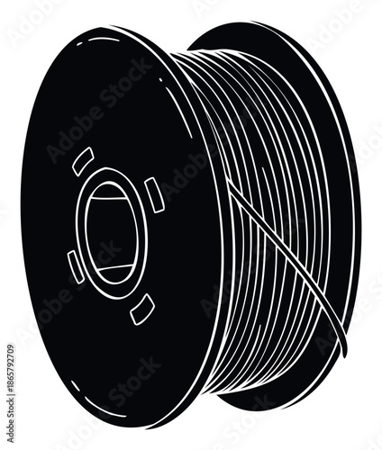 Simple black and white graphic representation of a spool of thread or wire, perfect for crafting projects, industrial supply catalogs, or educational materials related to textiles and